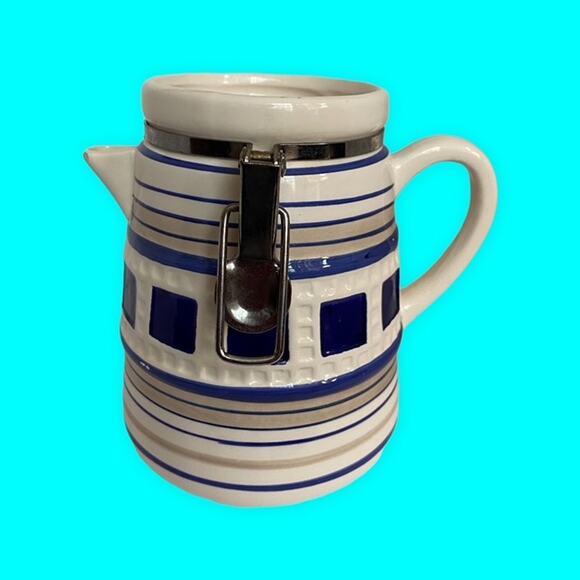 Vintage Lighthouse Teapot Canister with Bale Blue and White As Is READ 8.5"x4.5" - Picture 7 of 10